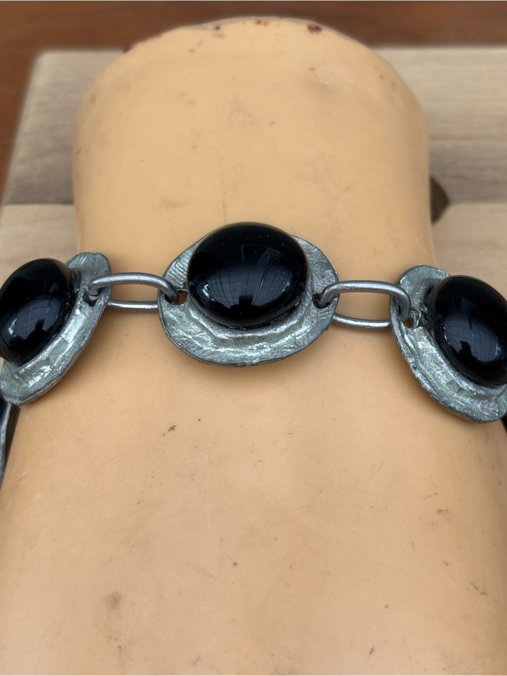 Women's Black Glass Cabochon Link Bracelet in Silver-Tone